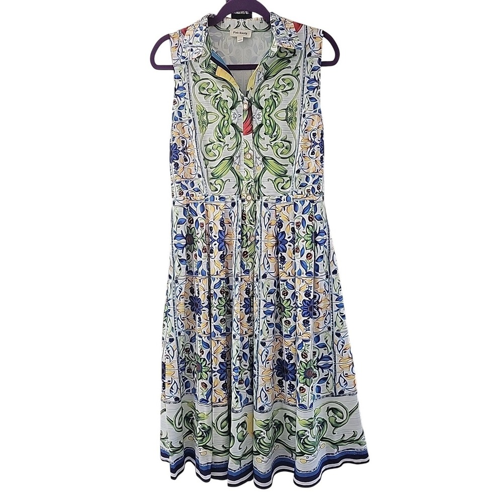 Pink Ripple Womens Blue Yellow Tile Floral Print Belted Sleeveless Midi Dress L